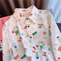 Japanese Cute Carrot Rabbit Retro Cartoon Shirts Summer Long Sleeve Blouse Beige Loose Button Up Shirt Korean Fashion Girls 2024