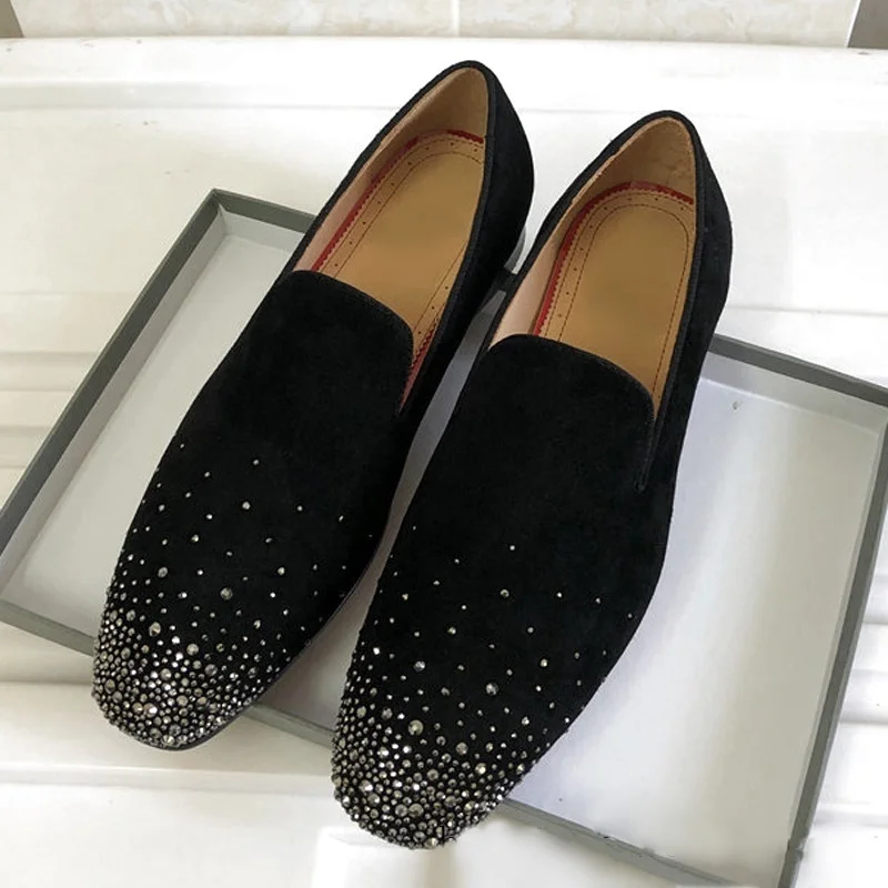 New Fashion Black Suede Shoes Rhinestone Loafers Shoes For Men Luxury Slip On Dress Shoes Men\'s Flats Party And Wedding Shoes