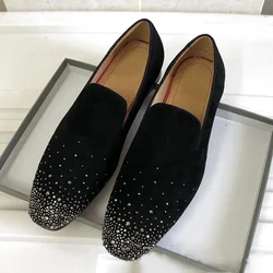 New Fashion Black Suede Shoes Rhinestone Loafers Shoes For Men Luxury Slip On Dress Shoes Men's Flats Party And Wedding Shoes