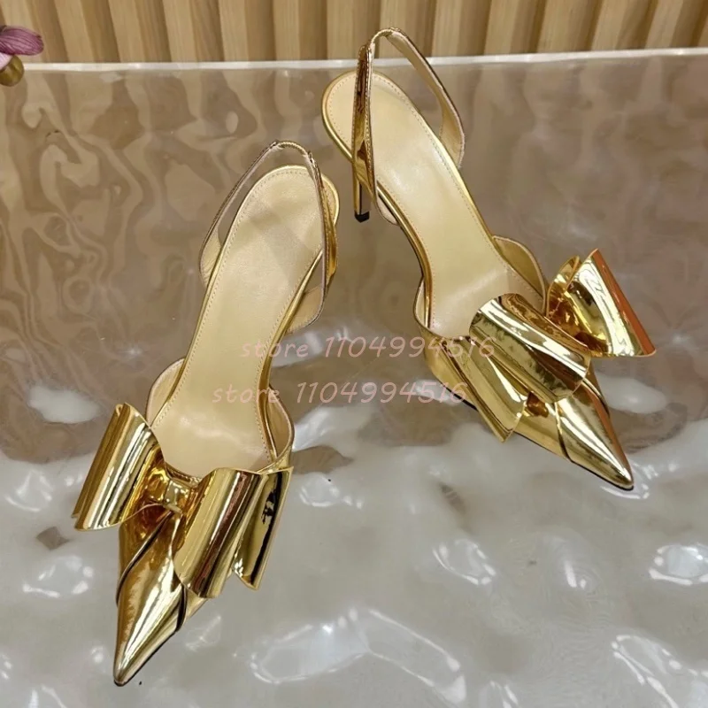 

Metallic Gold Bow Pointed Thin Heels Women Back Strap Slingback Golden Heels Sandals Sexy Luxury Party Evening Party Dress Shoes