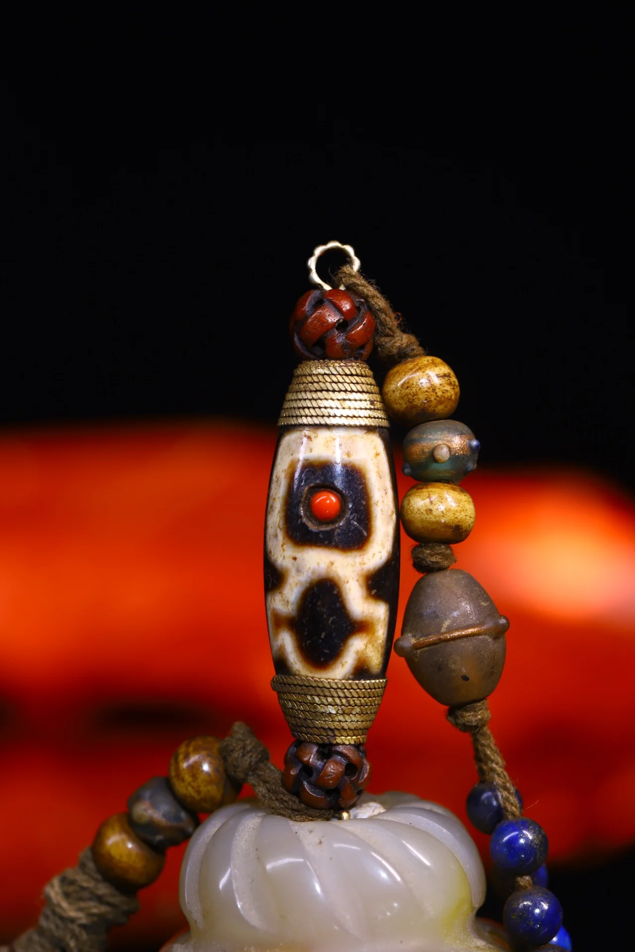 

3"Tibetan Temple Collection Old Natural Agate Mosaic Gem gZi Bead Nine eyeballs Six Character Proverbs Amulet pendant Town house