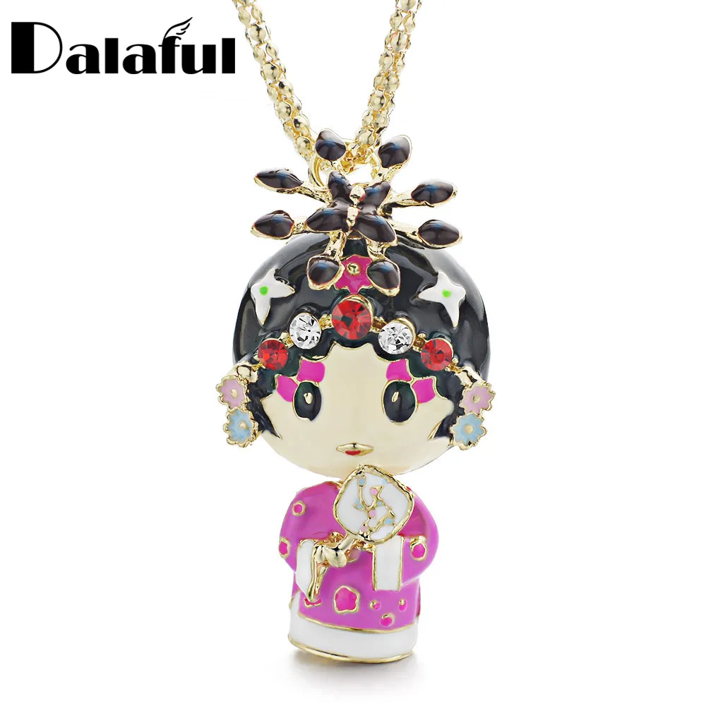 Unique Enamel Beijing Peking Opera Ethnic Doll Necklace Chinese Wind Crystal Long Necklaces Pendants For Women Gift X612