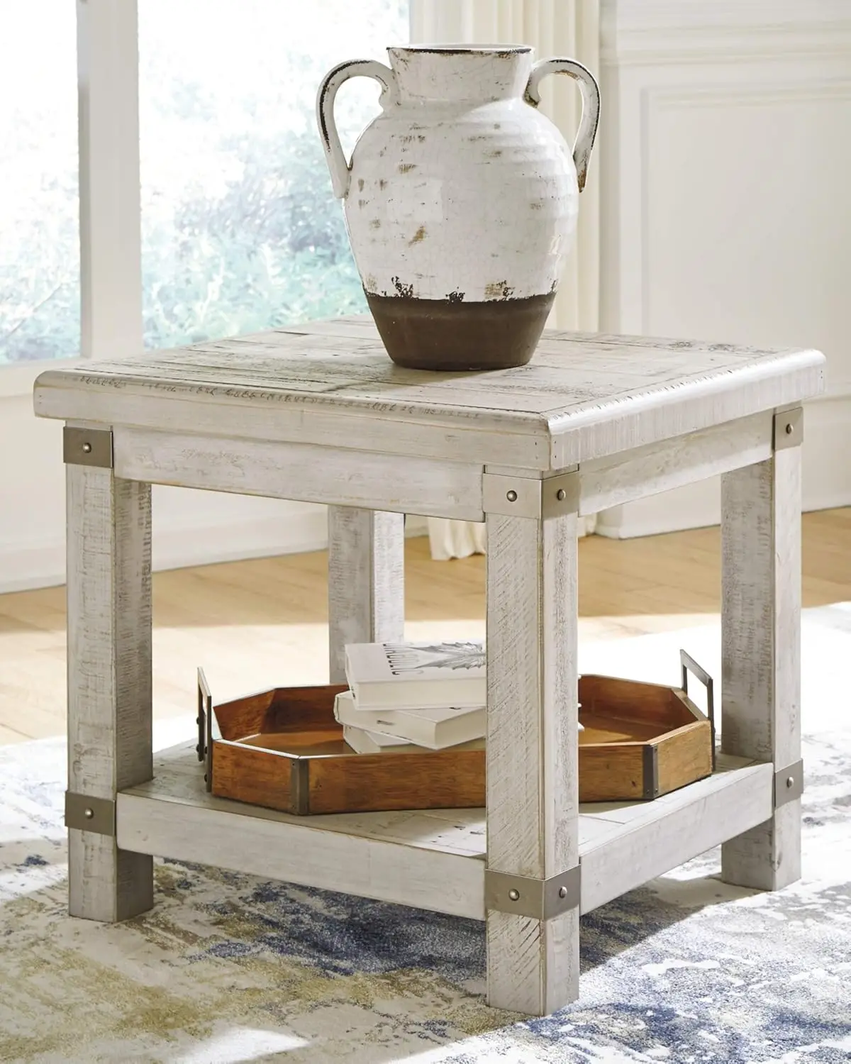 Carynhurst Farmhouse Rectangular End Table with Lower Shelf, 2 Electrical Outlets and 2 USB Ports, Whitewash