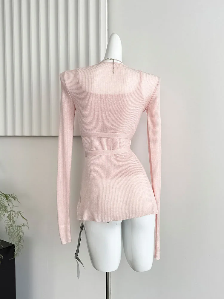 Pink Fashion Sweet Gyaru O-Neck Sweater Autumn 2024 Women Elegant Sexy Long Sleeve Cardigan + High Quality Vest Two Piece Sets