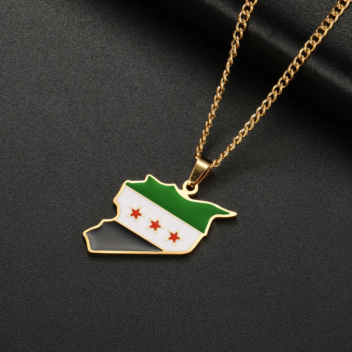 Teamer Syria Map Flag Pendant Necklace Stainless Steel 2MM Chain Green National Flag Necklace Choker Country Geography Jewelry