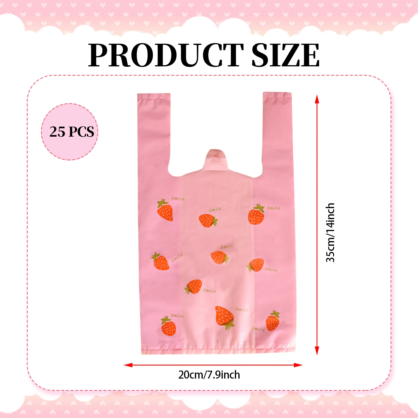 25pcs Strawberry Plastic Bags Pink Grocery Shopping Bag Restaurants Convenience Store,Recyclable T Shirt Bags For Small Business