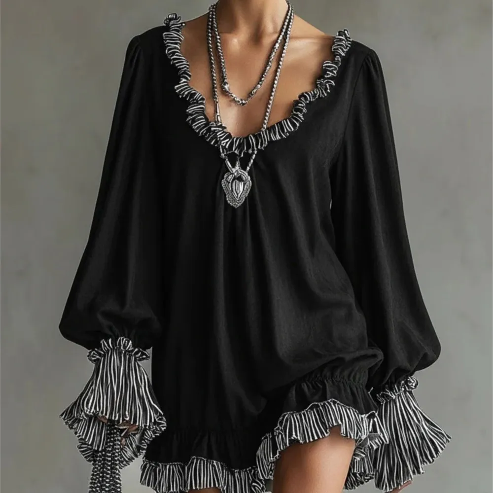 

New Fashion Dress For Spring Summer Elegant Retro Personality Casual Loose Commuter Style V-neck Long-sleeved Fungus Short Dress