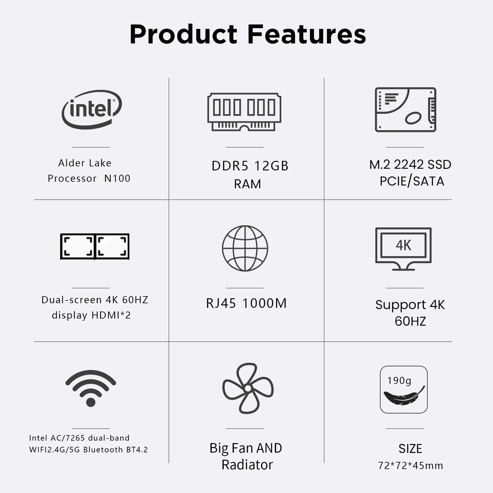 ZX01 Plus Windows 11 Quard Core Mini PC CPU, Intel Alder Lake N100, 12 Go LPDDR5, 256 Go, 2500M Lan, 5G Wifi5, BT Desktop