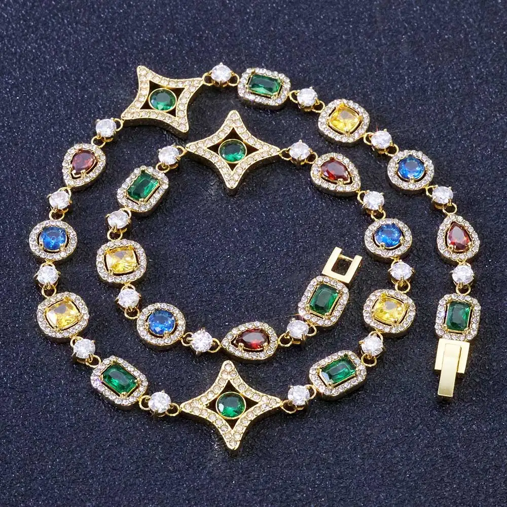NY Iced Out Stainless Steel Chain Bracelet PVD 18K Gold Plated Geometry Design Colorful Zircon Gemstone Hip Hop Jewelry