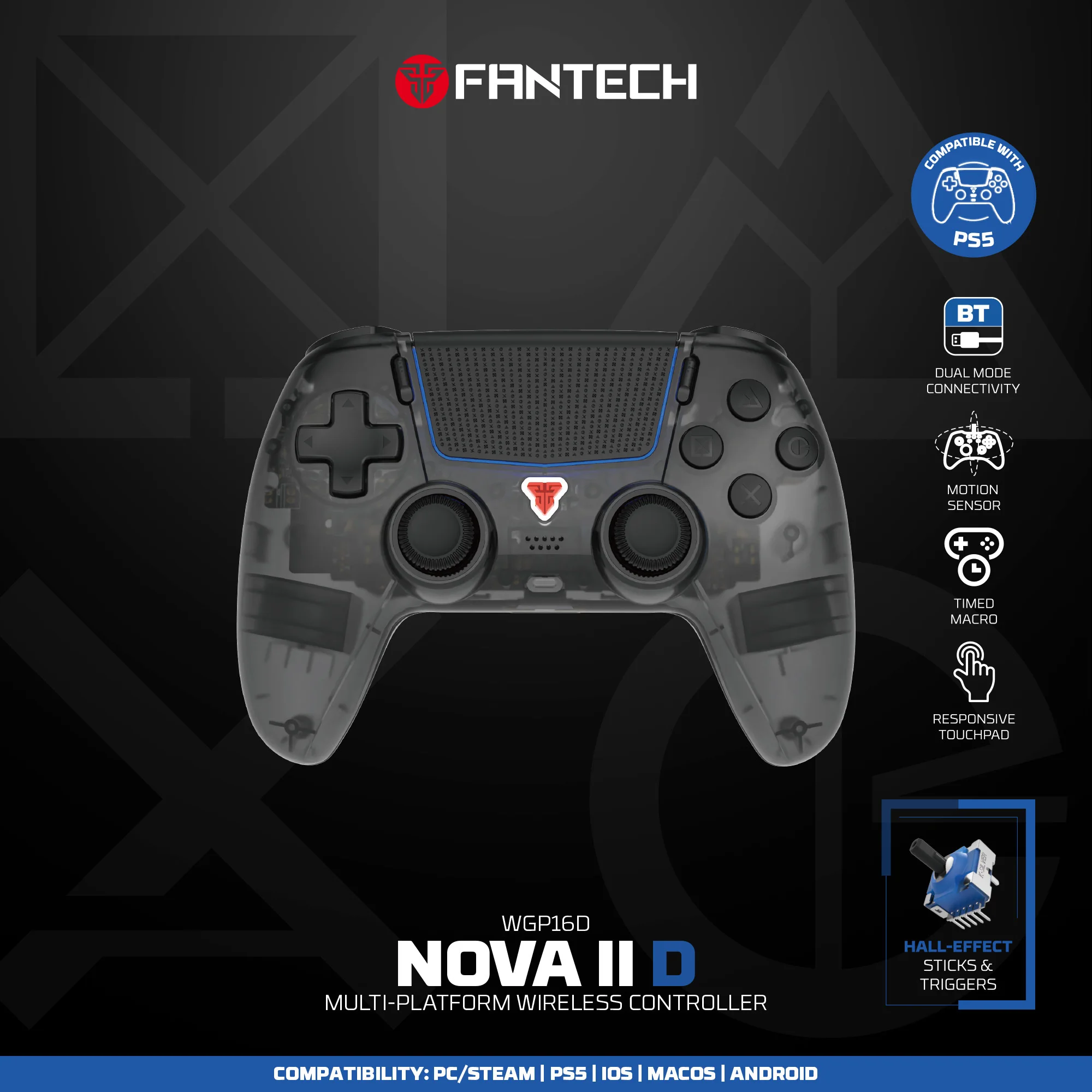 FANTECH NOVA IID WGP16D BT Draadloze Gaming Controller voor PS5/PC/iOS/Android Gamepad met Turbo Dual Sense Vibratie Hall Joystick