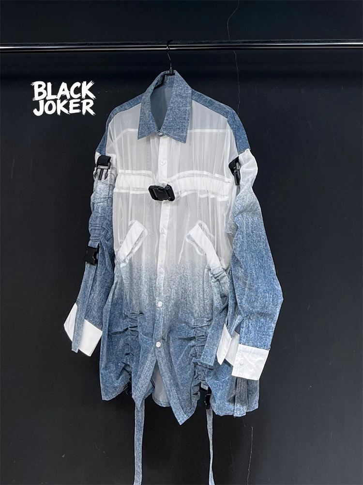 BLACK JOKER Original Design New Arrival Patchwork Pleated Blue Tie-Dye Loose-Fit Casual Long-Sleeve loose casual shirt Unisex
