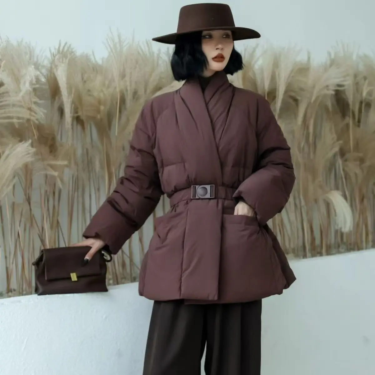 

Winter Mid Length V Neck with Belt Down Jacket Women White Duck Down Big Pocket Down Jackets Female Warm Thick Parker Outwears
