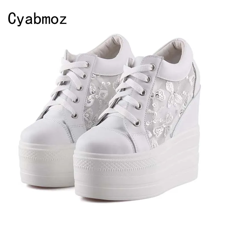 women Lace sequin sneakers summer breathable casual shoes height increasing 14 cm elevator wedges pumps party wedding high heels