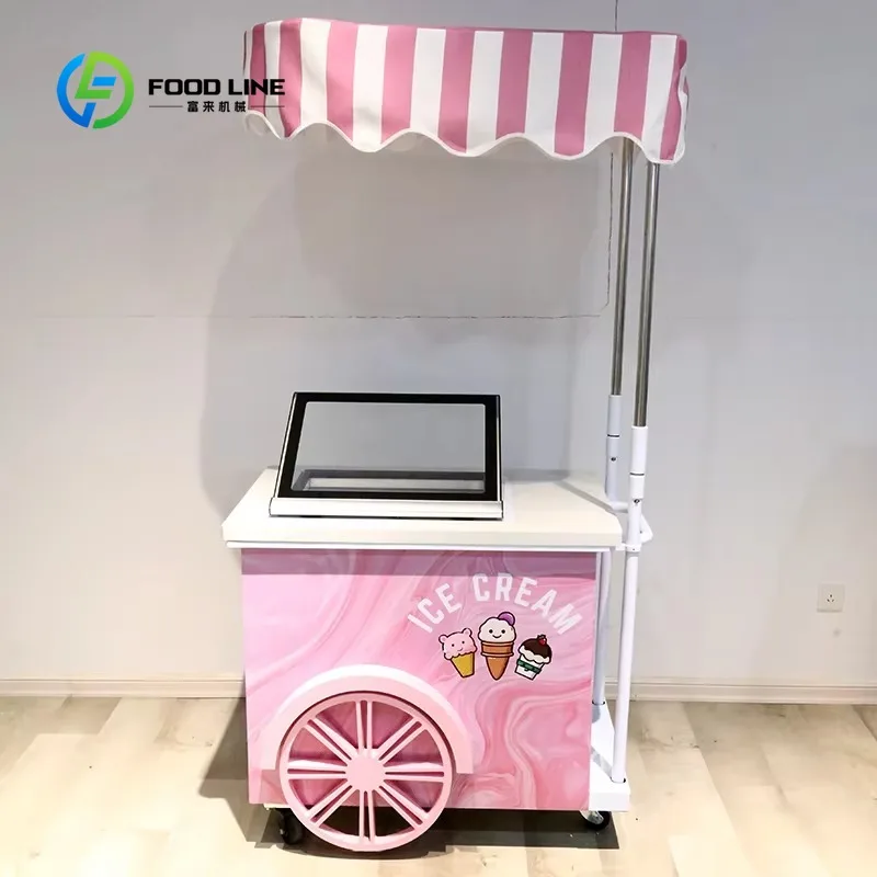 Customized Pink Hand Push Ice Cream Cart, Striped Awning Gelato Display Showcase Freezer Cart for Street Snack Vending