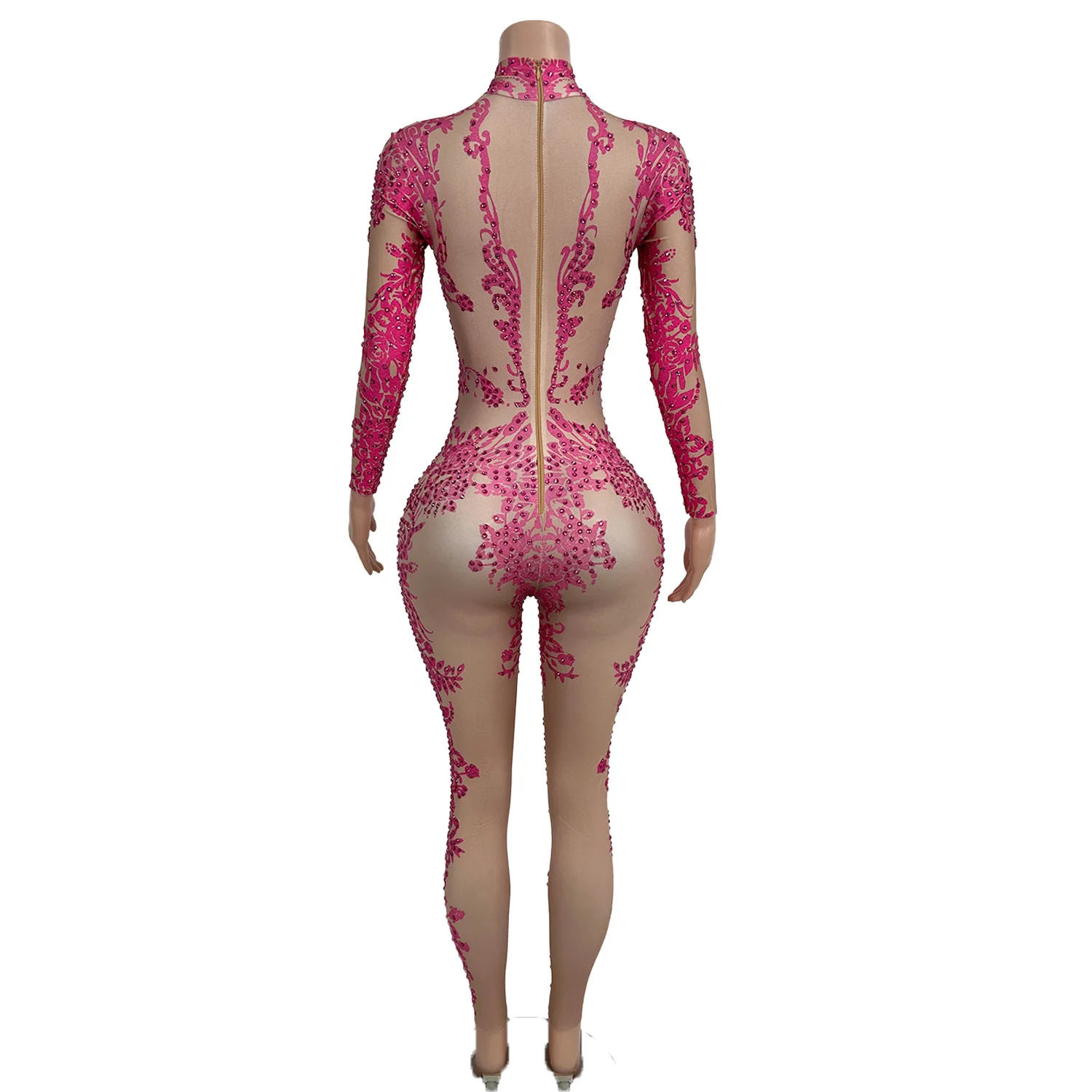 Sexy glitter diamante elástico rosa macacão feminino dança desempenho traje boate palco macacão boate outfit xiaotaohong