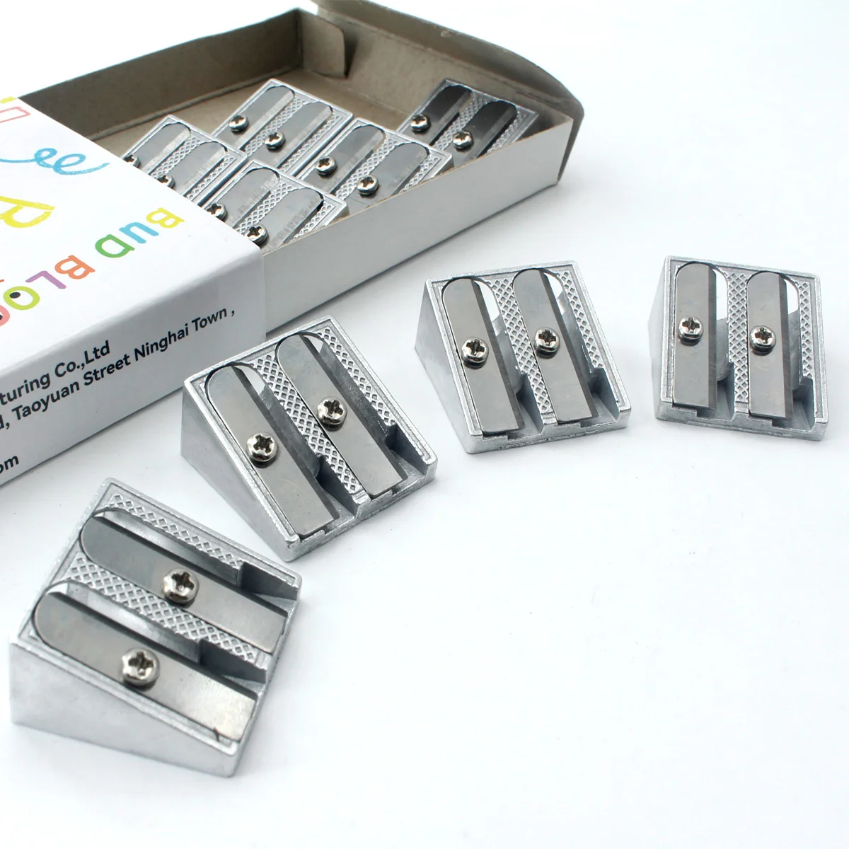 

Aluminium Alloy Double Hole Pencil Sharpener Own Metal Luster Tiny and Protable metal material Can Be Used for a Long Time