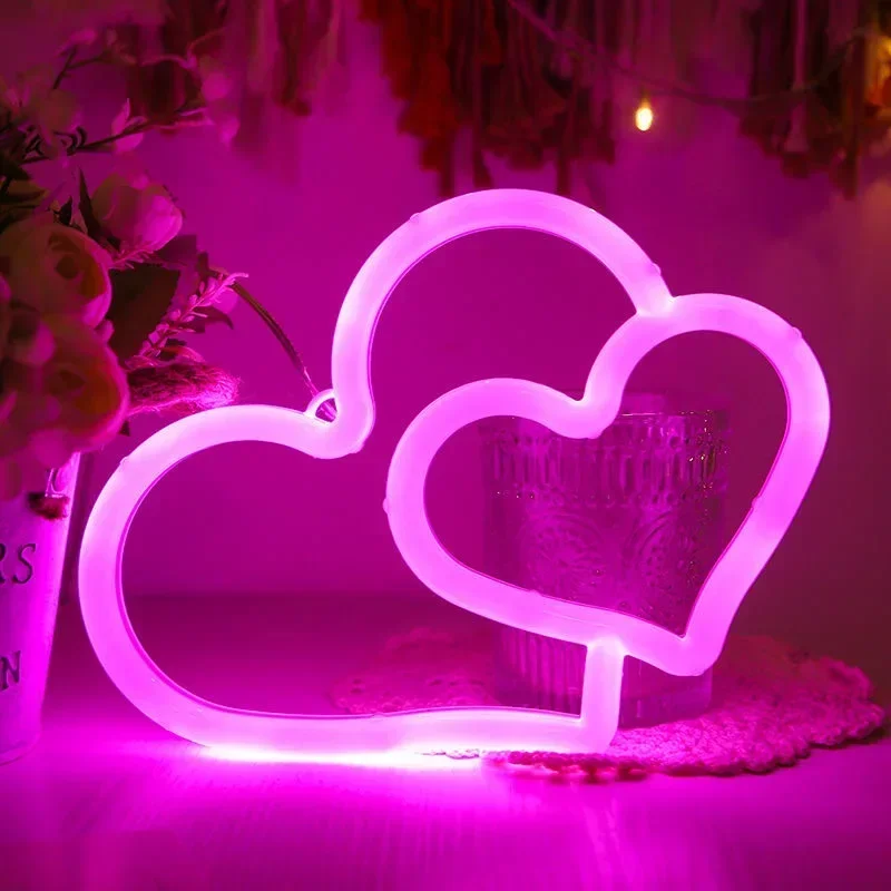 Double Heart Neon Light Sign LED Love Modeling Cupid Arrow Lamp Wall Decoration for Room Shop Party Gift USB & Battery Case