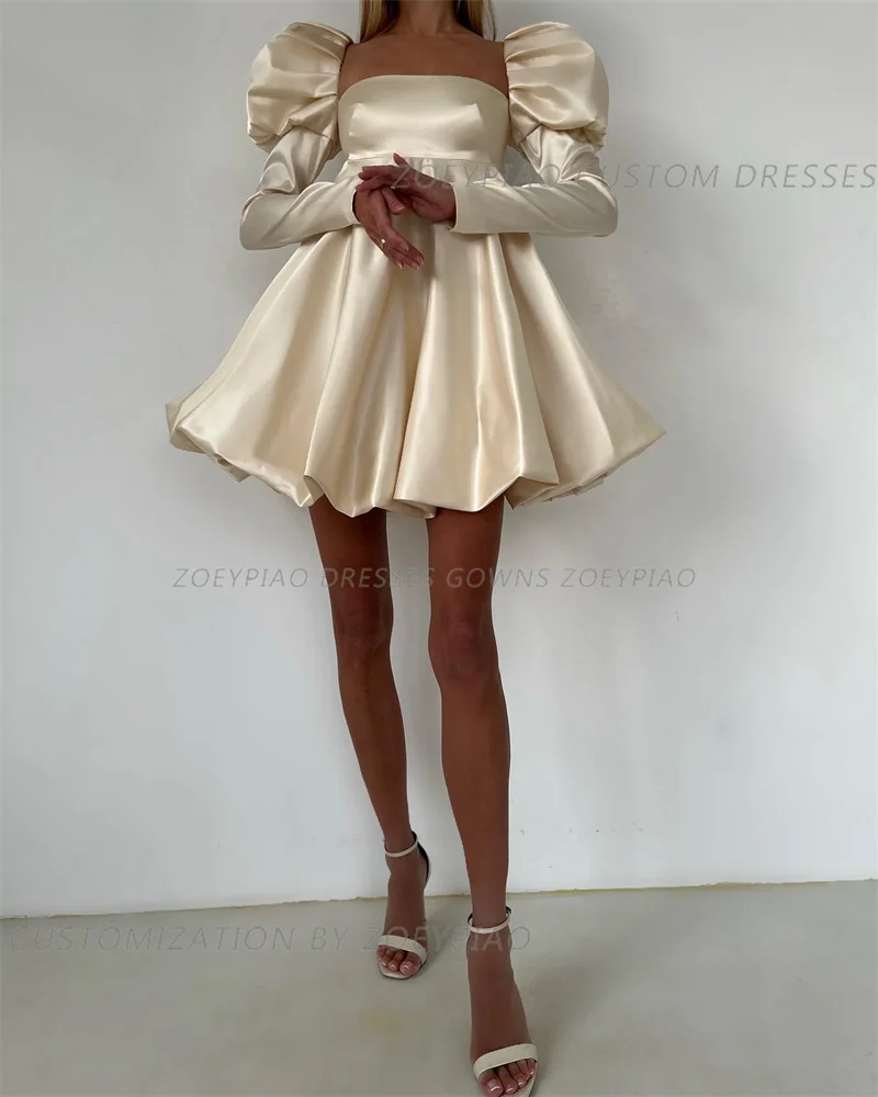 Simple Champagne Mini Cocktail Dress Full Sleeves Custom Color Sexy Satin Short Ladies Party Banquet Custom Dresses Gowns