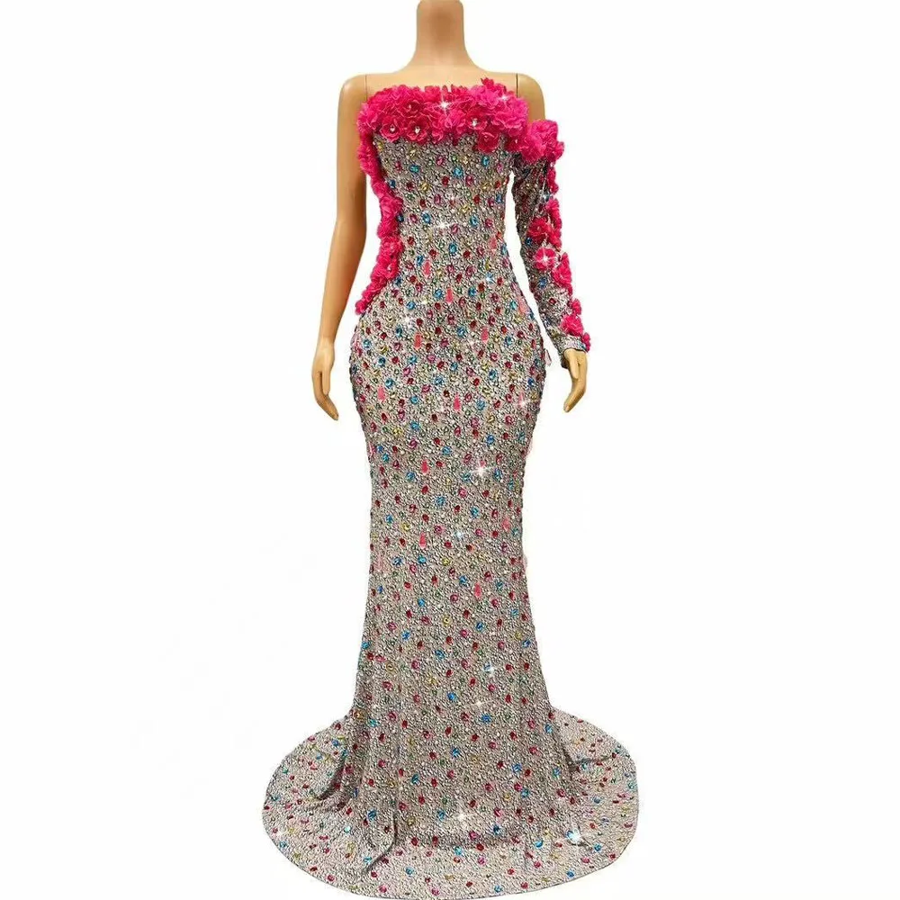 Sexy Elegant Flowers Big Train Gowns Sparkly Rhinestones Off-shoulder Dress Evening Party Show Outfit Stage Photoshoot Costume