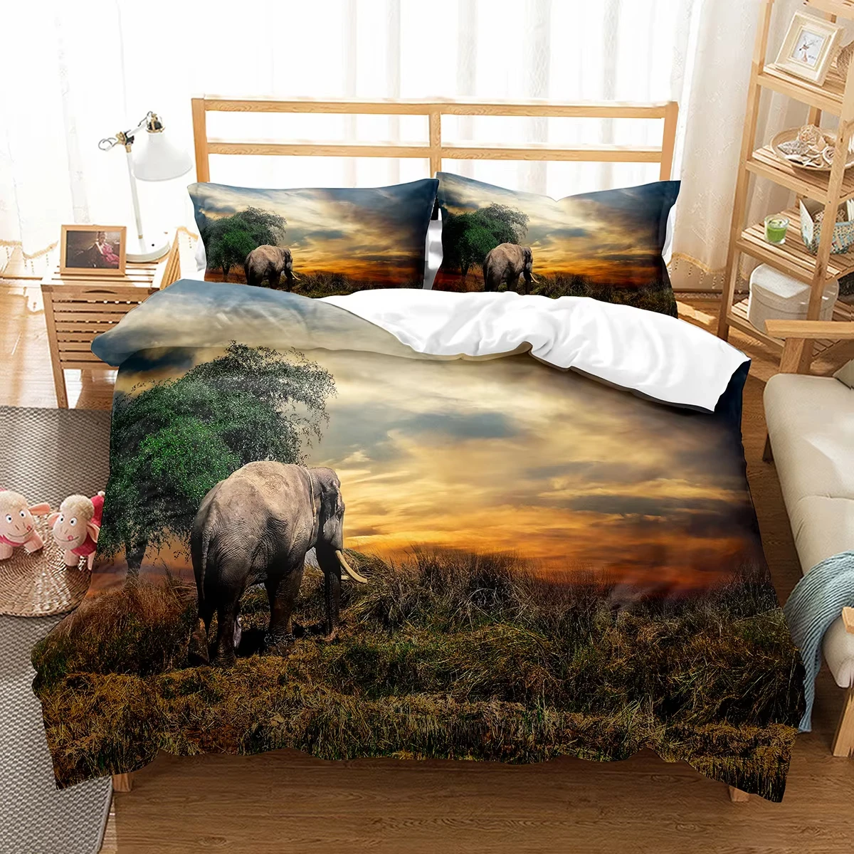 Elephant Duvet Cover Twin Queen Wildlife Animal Bedding Set for Kids Adults Room Decor, African Safari Animal Comforter Cover