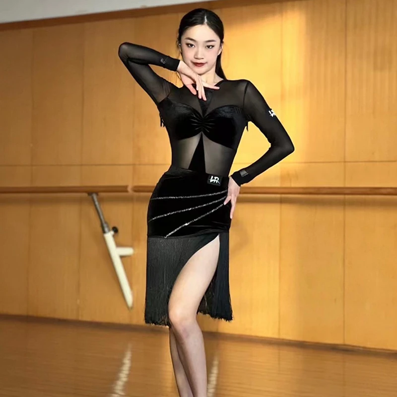 

2023 New Latin Dance Performance Costumes For Women Long Sleeved Mesh Tops Velvet Skirt Suit Chacha Tango Latin Clothes DQS15007