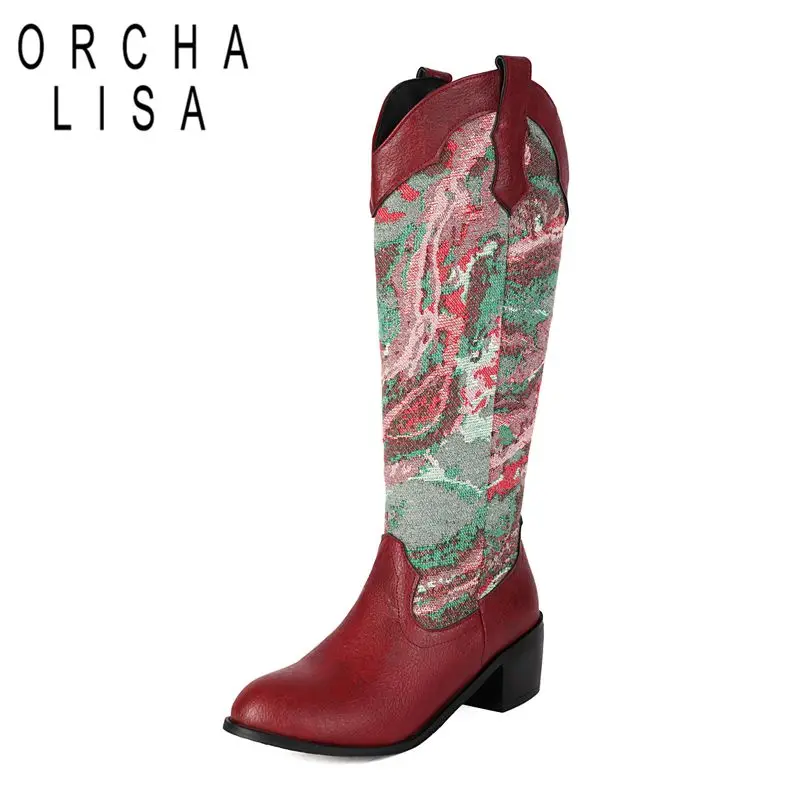 

ORCHA LISA Женские ботинки в стиле вестерн с круглым носком и блочным каблуком 5 см, без шнуровки, с вышивкой, разноцветные, большой размер 44 45 46, повседневные до колена