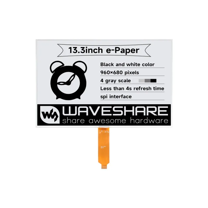 

Waveshare 960×680, 13.3inch E-Ink Raw Display for Raspberry Pi, SPI without PCB, Paper-Like Displaying Without Electricity