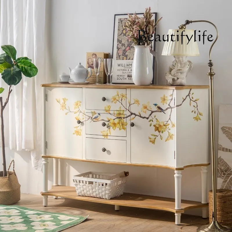 

French Hand Painted Double Door Hallway Cabinet Solid Wood