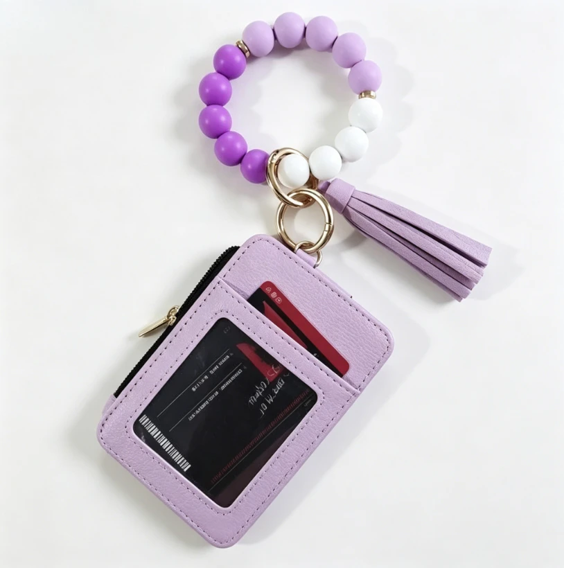 Lilac Silicone Bead Wristlet Keychain with Tassel PU Leather Multi-Slot Card Holder Mini Zipper Coin Purse ID Card Wallet for Women Daily Carry