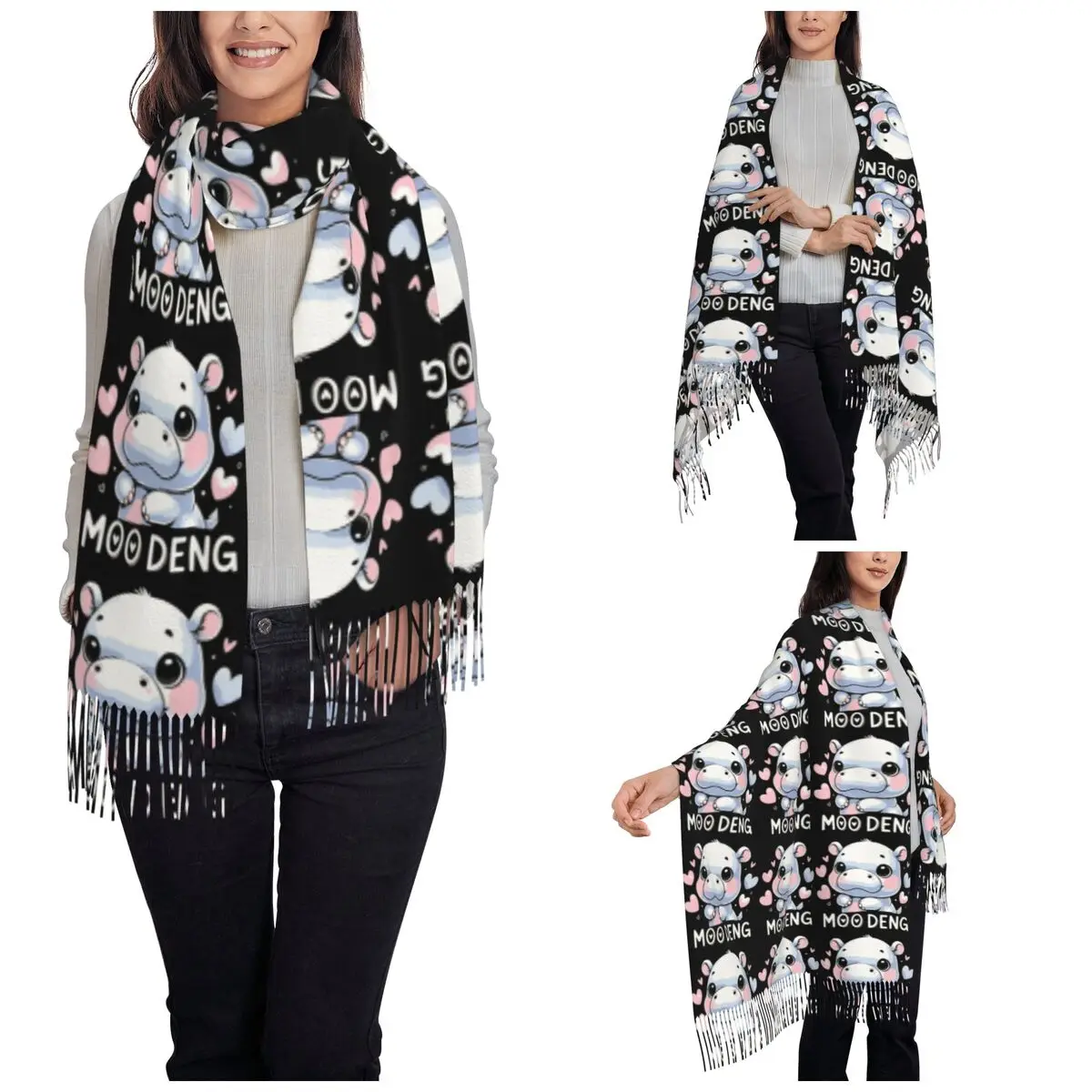 Moo Deng Bouncy Pig In Thai Baby Hippo Scarf for Womens Winter Warm Pashmina Shawls and Wrap Long Shawl Scarf for Daily Wear