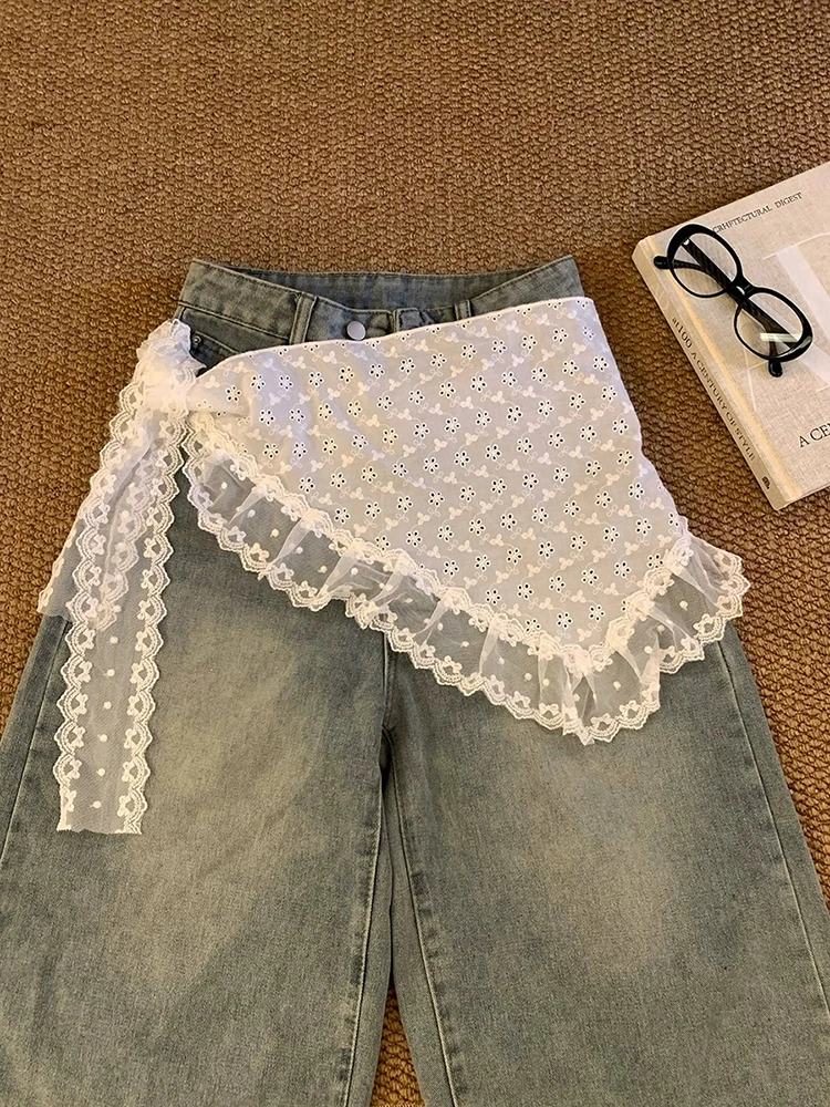Gonna in pizzo bianco da donna, stile coreano, a strati, in similpelle, con decorazione a cintura in vita, dolce e versatile