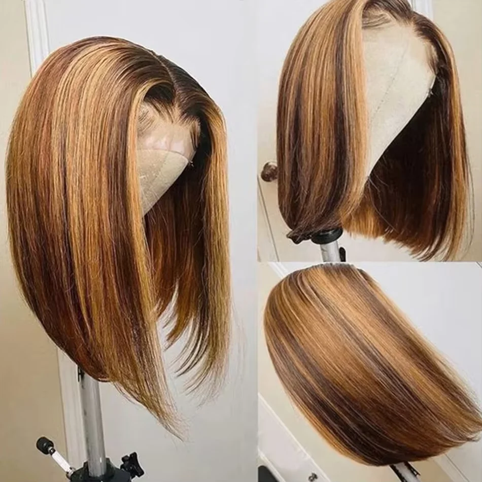 Destaque cabelo humano bob peruca reta 13x4 peruca dianteira do laço cabelo humano brasileiro curto bob perucas de cabelo humano pré arrancado para mulher