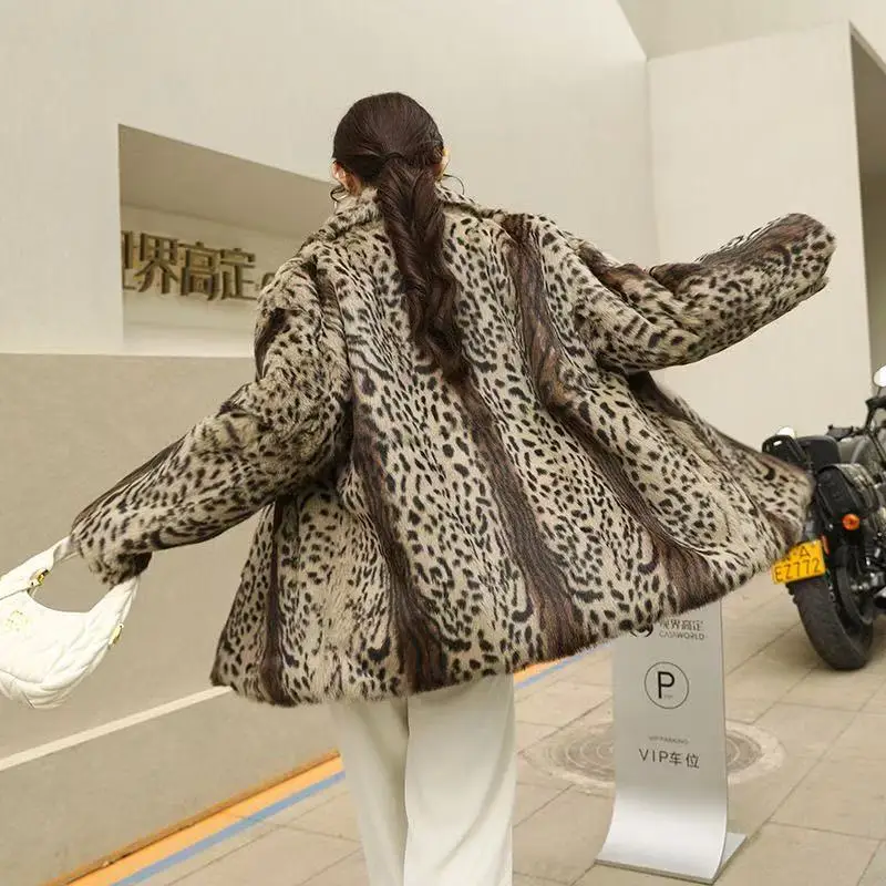 Ladies' Winter Coat Leopard Print Fur Collar Long Sleeve Straight Cut Thickened Street Style Fashionable Outerwear