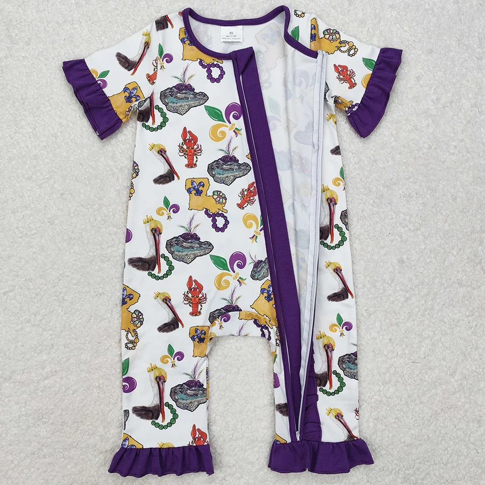 Boutique Baby Infant Girls Rompers Mardi Gras Bird Crawfish Ruffle Zip Rompers Kids Sibling Clothing Boys Rompers Girls Onesie