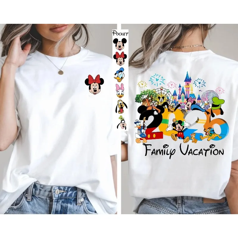 

Летняя футболка 2026 года с классическим персонажем Микки Мауса, тематика семейного отдыха, 100% хлопок, с принтом, с коротким рукавом, для мальчиков и девочек, топ для родителей и детей MOTO