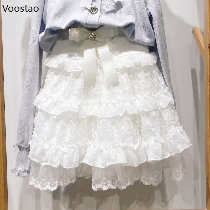 Japanese Gothic Lolita Style Mini Skirt Women Elegant Sweet Bow Mesh Lace Ruffles Short Skirts Girls Cute Y2k A-Line Cake Skirt