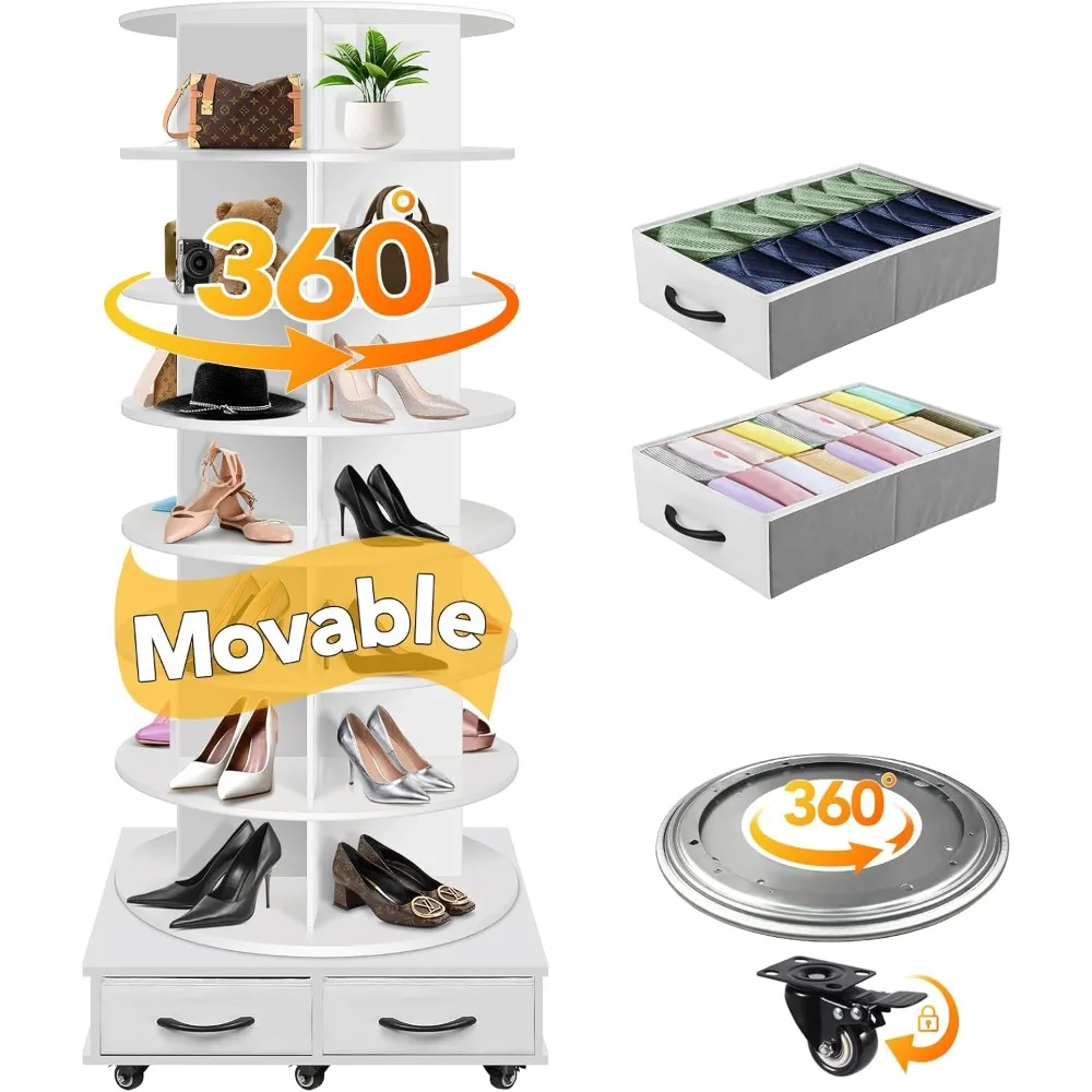 US Shipping 8 Tier Rotating Shoe Rack Tower with 2 Drawers Spinning Display Lazy Susan Revolving 360 Carousel Storage