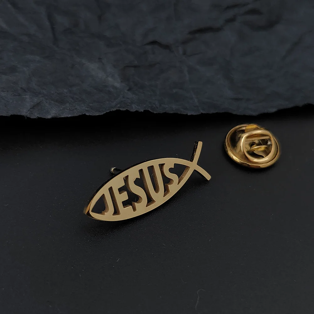 Religious Jesus Fish Gold Plated Badge, Men\'s Suit Brooch, Black Lapel Pin, Clothing Accessories Set, Boyfriend Gift