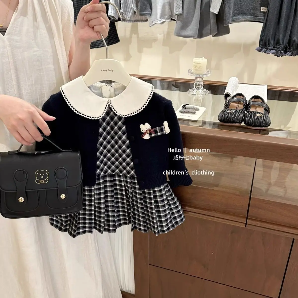 Girls' Set Autumn 2026 New Baby Girl's Stylish Knitted Cardigan Jacket Plaid Dress Two-piece Set Trendy