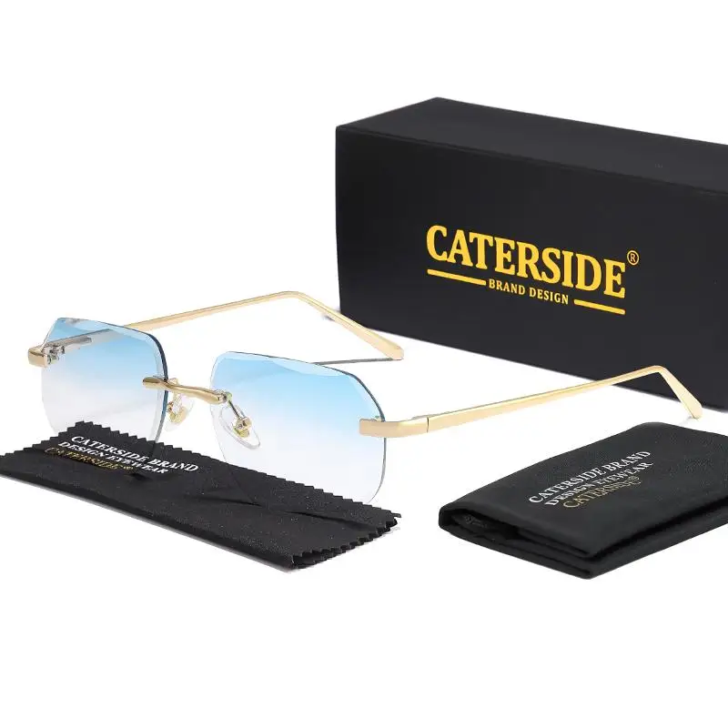 CATERSIDE Vintage Rahmenlose Herren-Sonnenbrille mit Designgläsern und Metallbügeln, Damen-Sonnenbrille für Party und Reisen – Detail 23