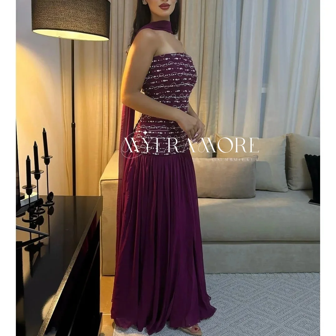 

Customized Plum Evening Dresses for Women with Long Silk Scarves Glitter Beaded Strapless Chiffon Saudi Arabic Prom Dresses 2025