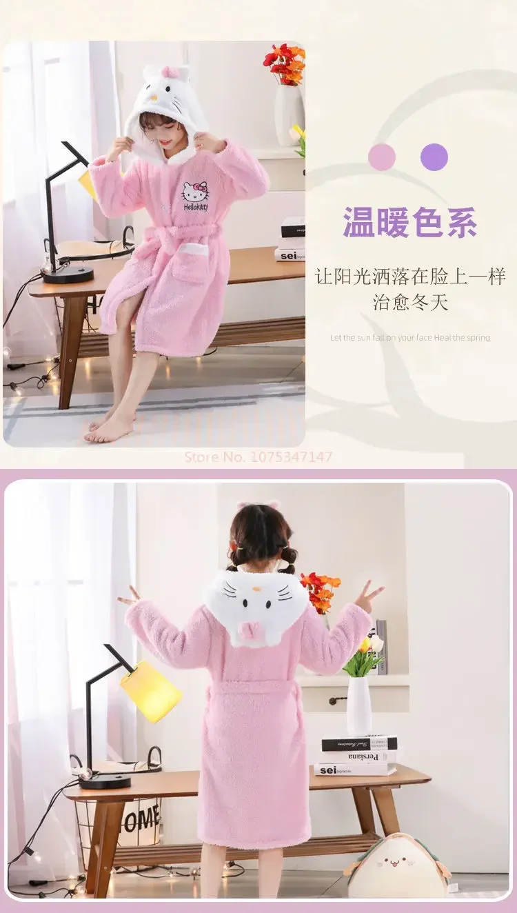 Sanrios Kawaii Hello Kitty Pajamas Coral Velvet Children Girls Heart Cartoon Anime Sleeping Robe Hooded Loungewear Cute Gifts