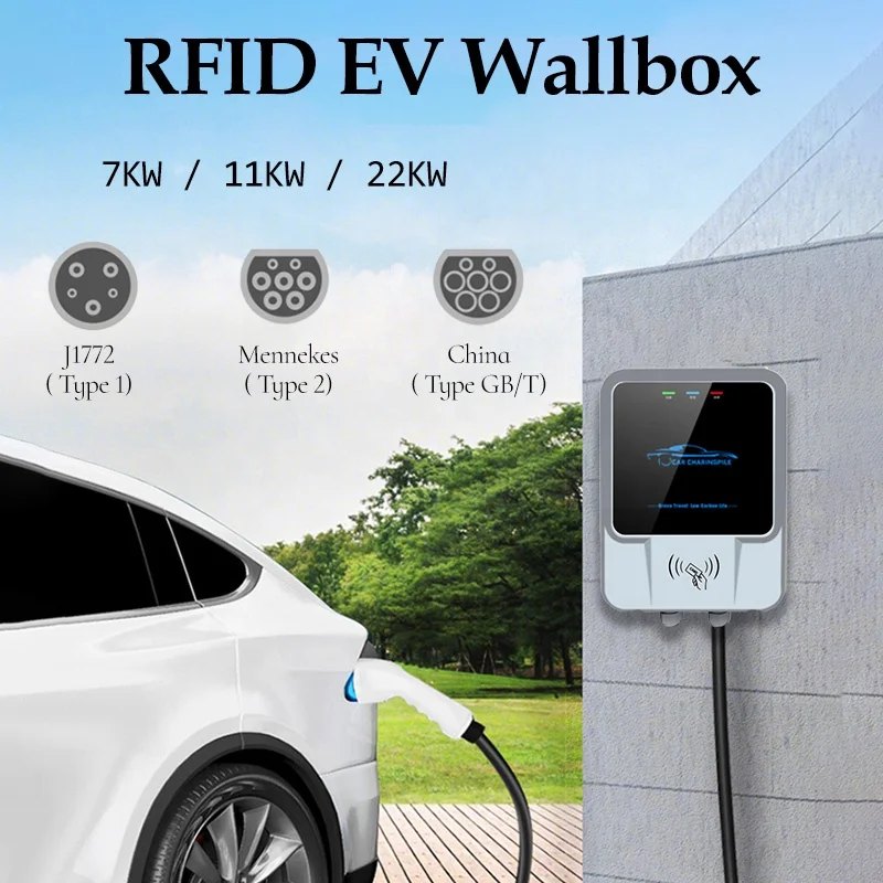 IP55 Waterproof Smart EV Wall Mounted Charging Station 22KW 32A RFID Card Swipe Control Home Car Charger For Multiple EV