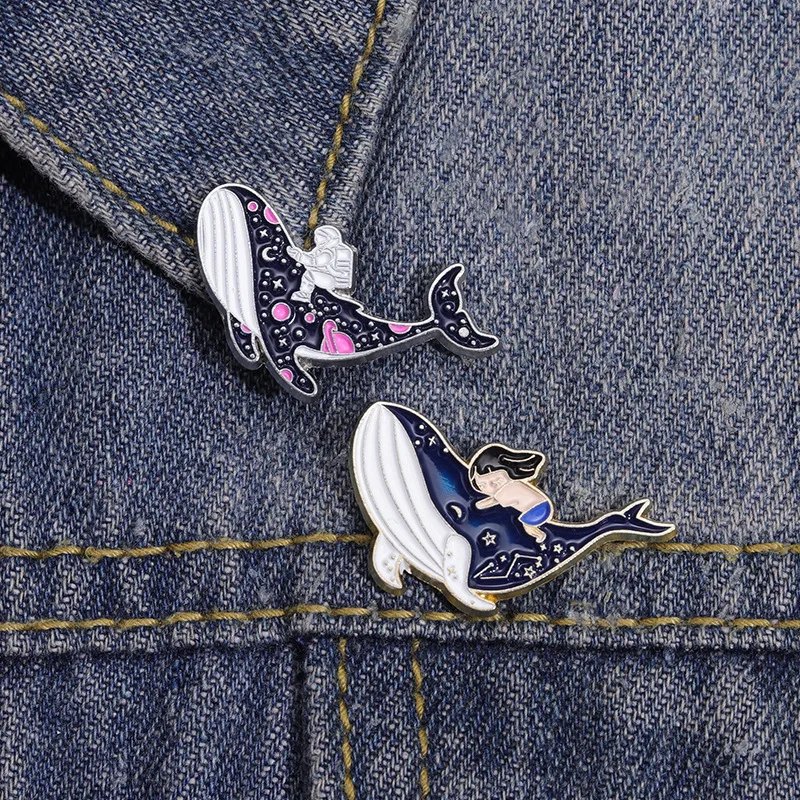 Whale and Girl Enamel Brooch Pins Badge Lapel Pins Alloy Metal Fashion Jewelry Accessories Gifts