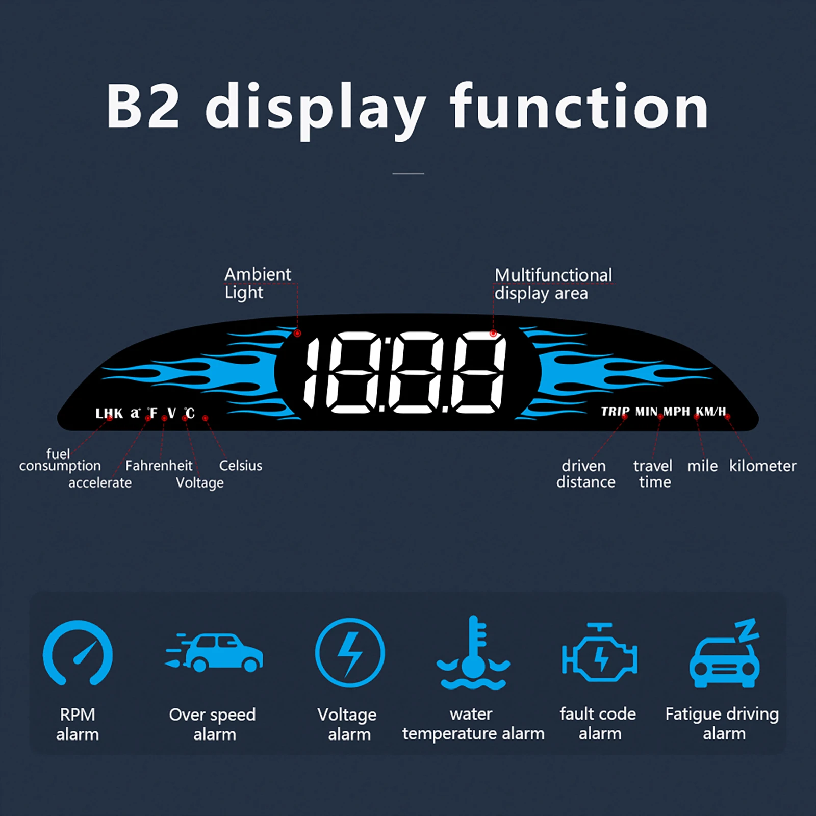 Car B2 Hud obd2 Head-up Display Water Temperature Gauge Digtial Speed Fuel Consumption Tachometer RPM Voltage Alarm For 12V