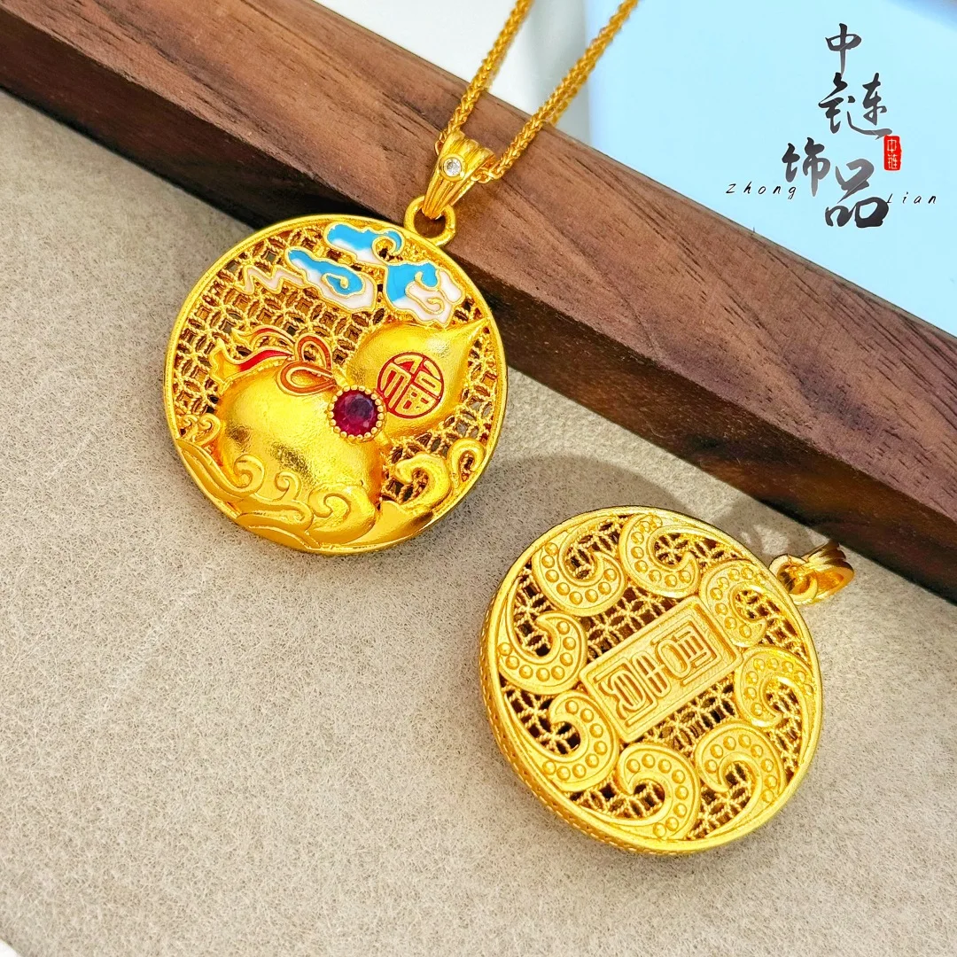 9999 gold enamel-colored auspicious lotus-shaped compass pendant - New Chinese-style filigree lucky compass pendant