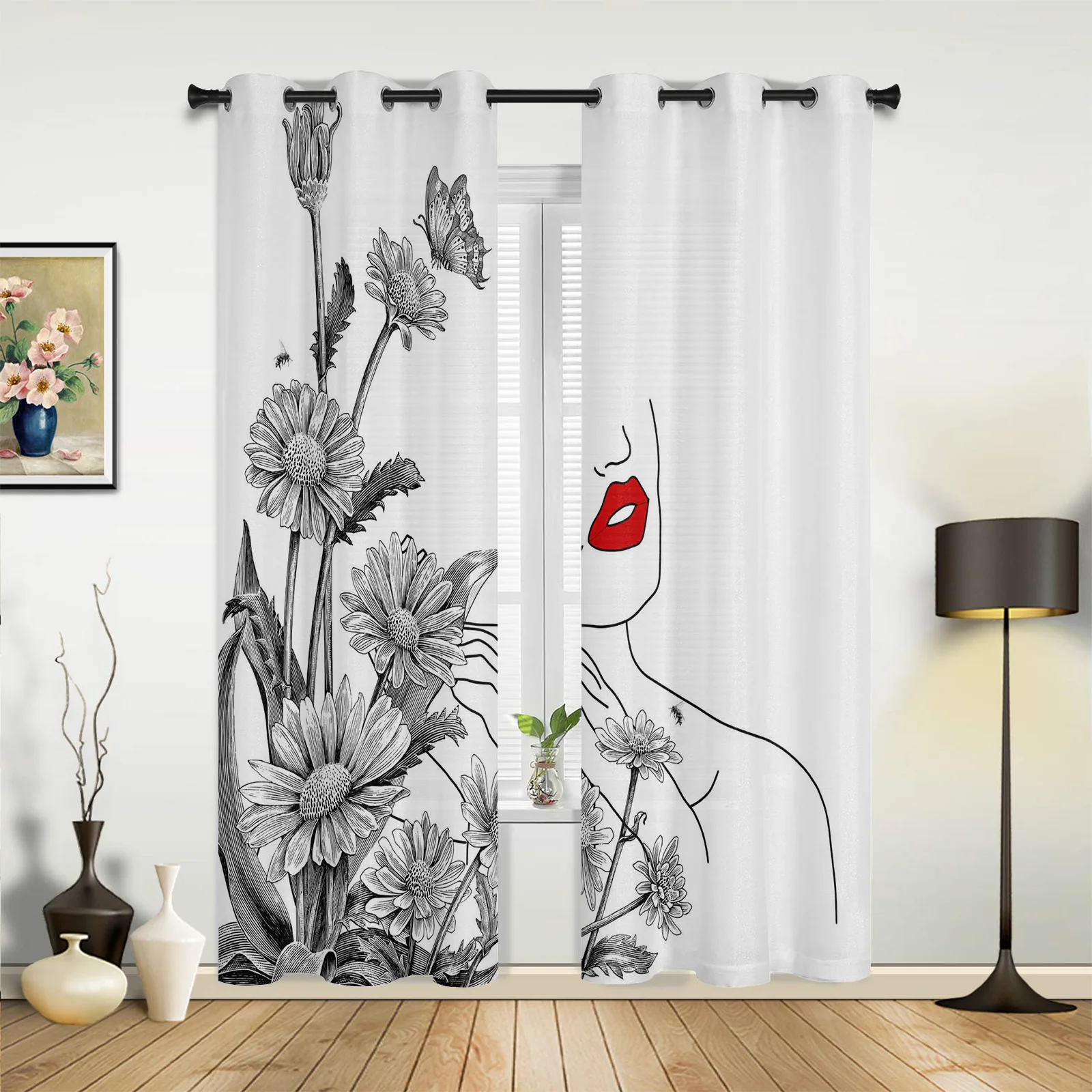 Daisy Female Line Red Lips Window Curtains In The Living Room Printed Window for Bedroom Kitchen Window Curtains Hotel Drapes