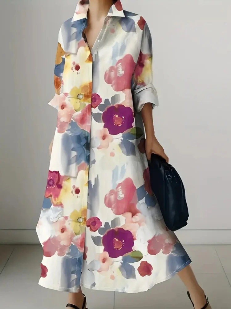 

Floral Print Button Front Shirt Dress Elegant Long Sleeve Loose Fit Maxi Dresses For Spring & Autumn Women's Clothing