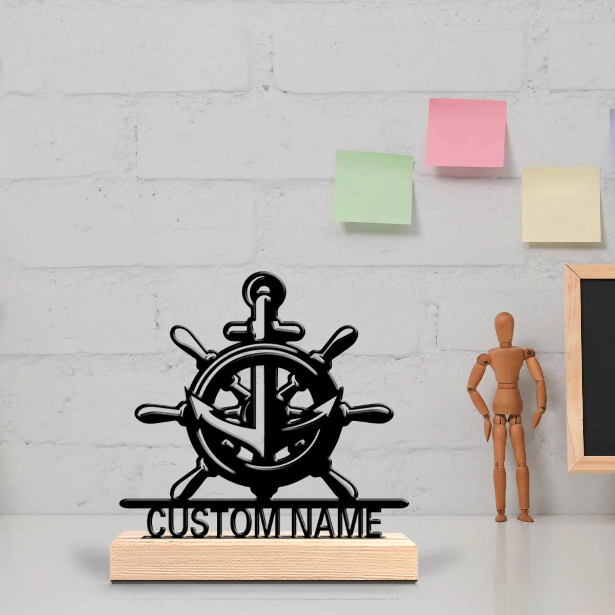1 pieza de adorno de metal con forma de ancla de barco simple, con nombre personalizado, artesanía artística con base de madera, para mesa de dormitorio
