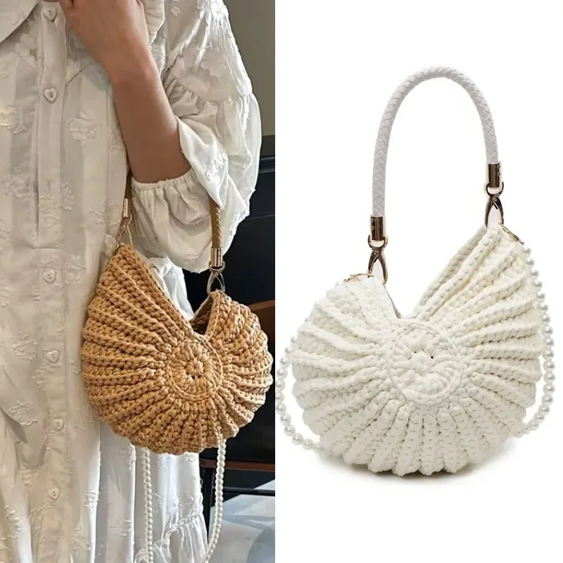 

Novelty Conch Shell Bag, Hand Woven Pearl Shoulder Strap Women Shoulder Bags Funny Handmade Weave Crossbody Bag Small Handbags